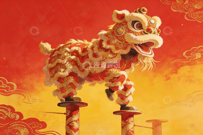 高清大图下载【趣麦麦图】舞狮表演跃立高杆之上