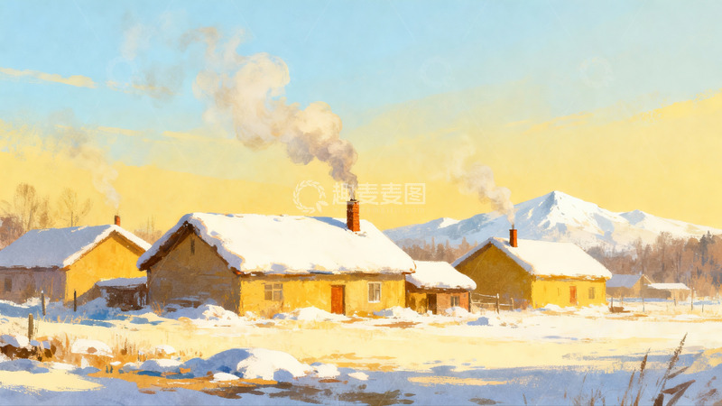 高清大图下载【趣麦麦图】雪后乡村房屋炊烟袅袅