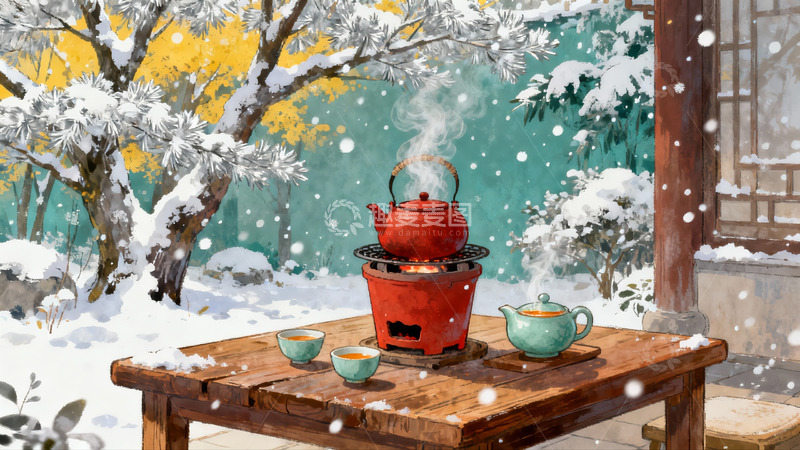 高清大图下载【趣麦麦图】雪景庭院茶香袅袅