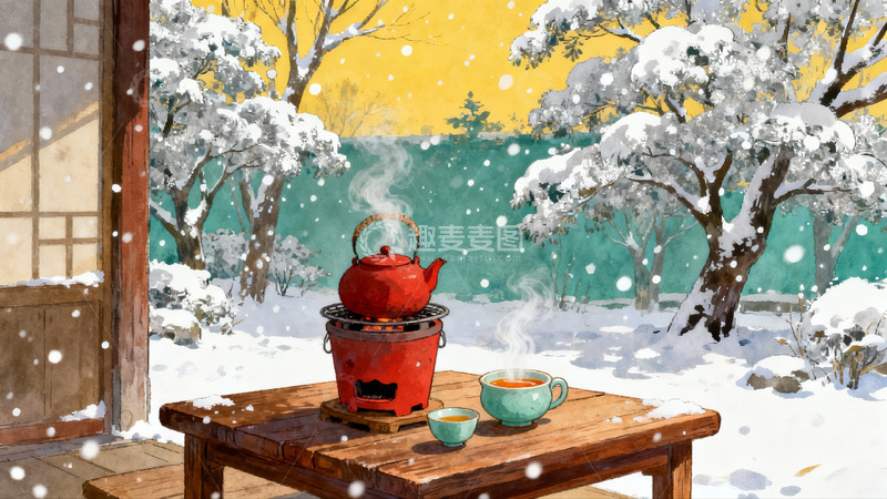 高清大图下载【趣麦麦图】雪景庭院红壶热茶