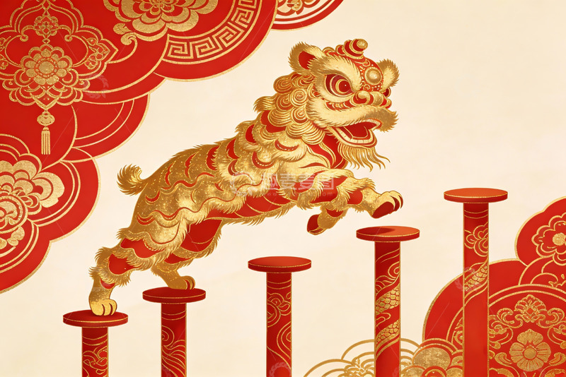 高清大图下载【趣麦麦图】金色舞狮跃柱迎新春