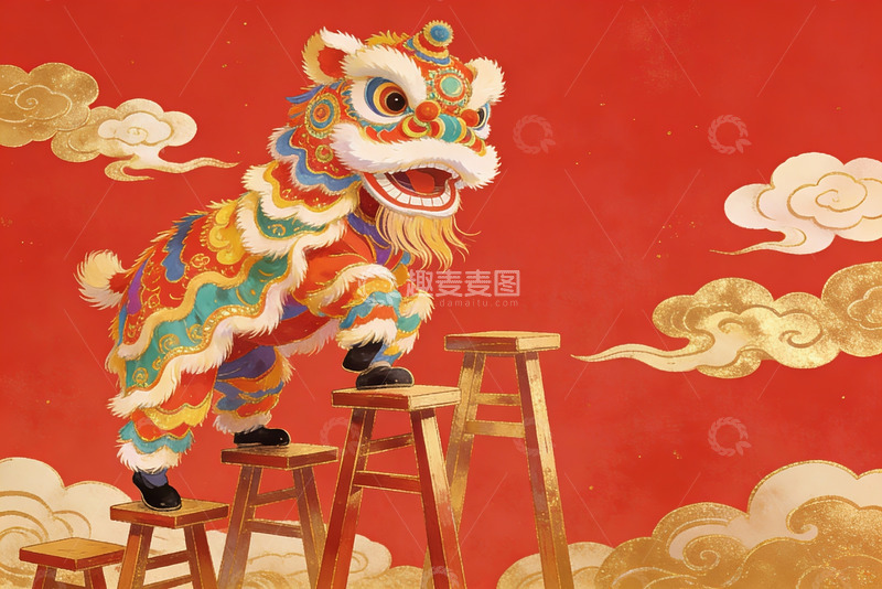 高清大图下载【趣麦麦图】色彩斑斓舞狮登高迎新春