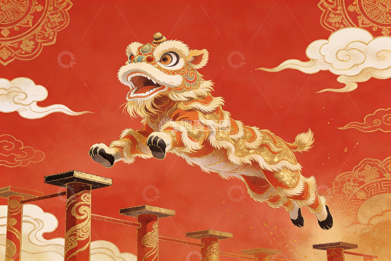 高清大图下载【趣麦麦图】舞狮跃柱迎新春