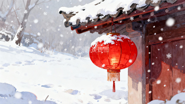 雪中红灯笼古建筑