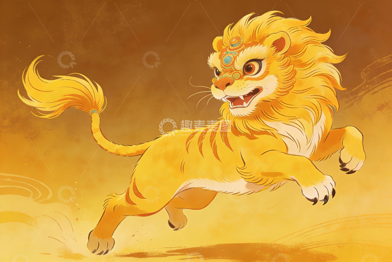 高清大图下载【趣麦麦图】金色狮子舞动奔腾画面