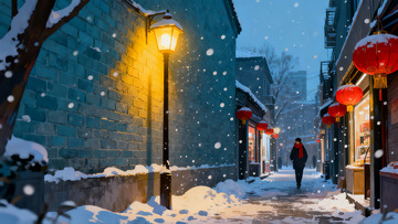 雪夜古街行人灯笼