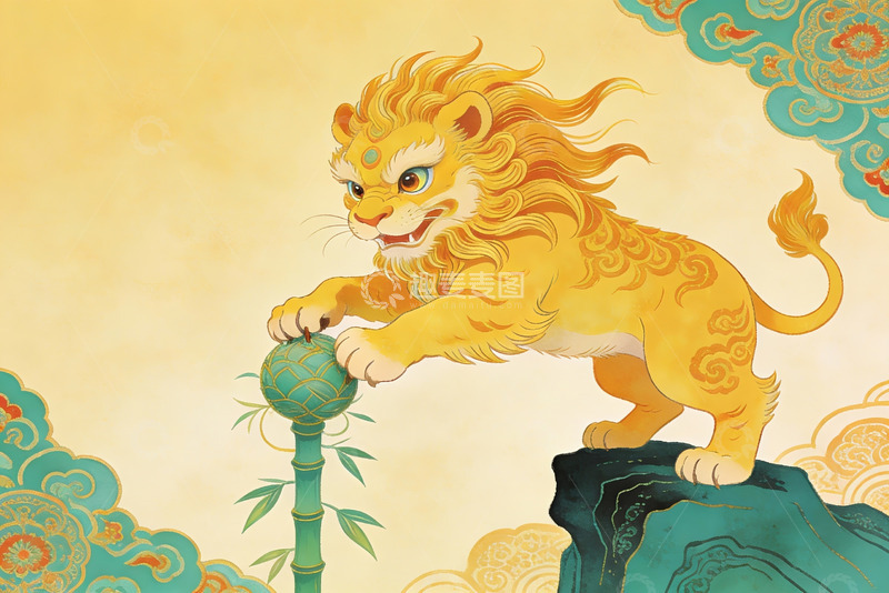 高清大图下载【趣麦麦图】金色神兽踩球守护祥云