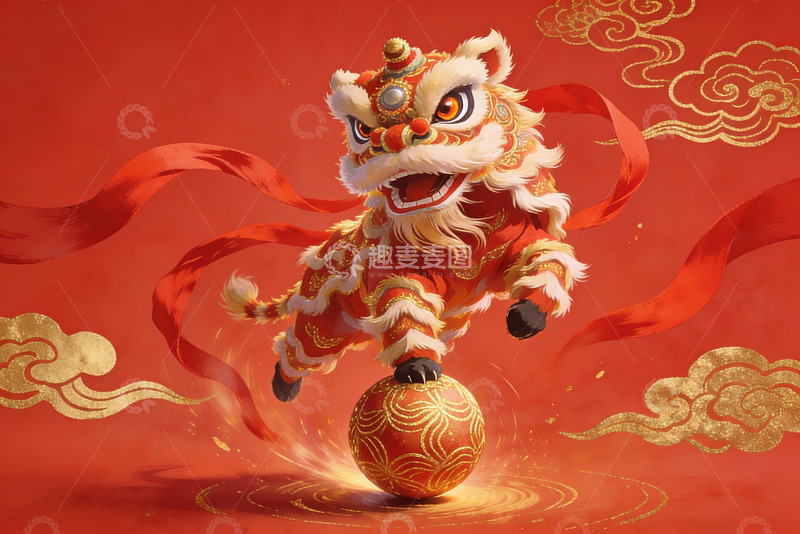 高清大图下载【趣麦麦图】红色背景舞狮球