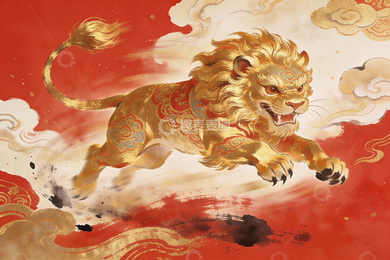 高清大图下载【趣麦麦图】金色瑞兽跃动祥云间