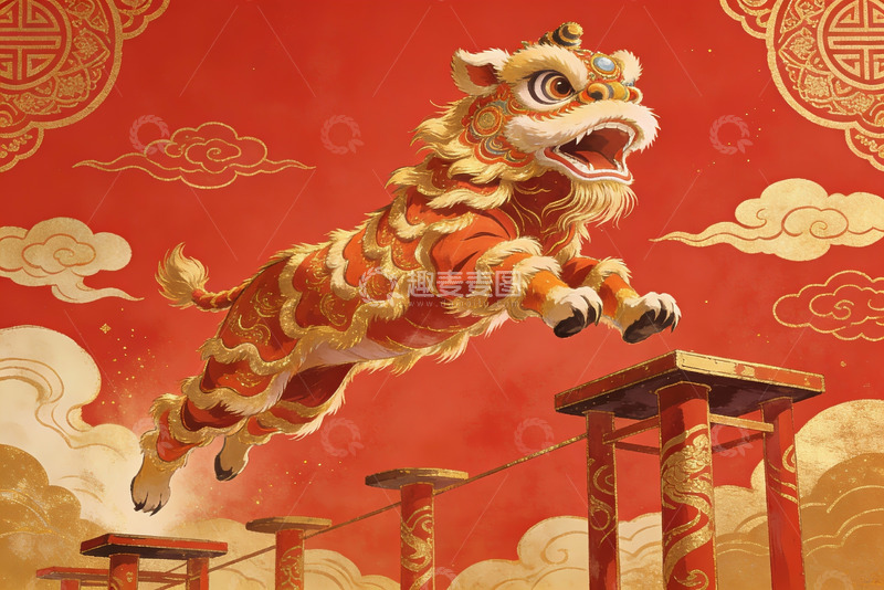 高清大图下载【趣麦麦图】红色背景舞狮跃过高杆