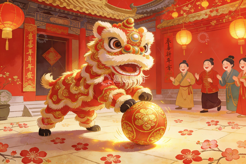 高清大图下载【趣麦麦图】春节舞狮热闹场景