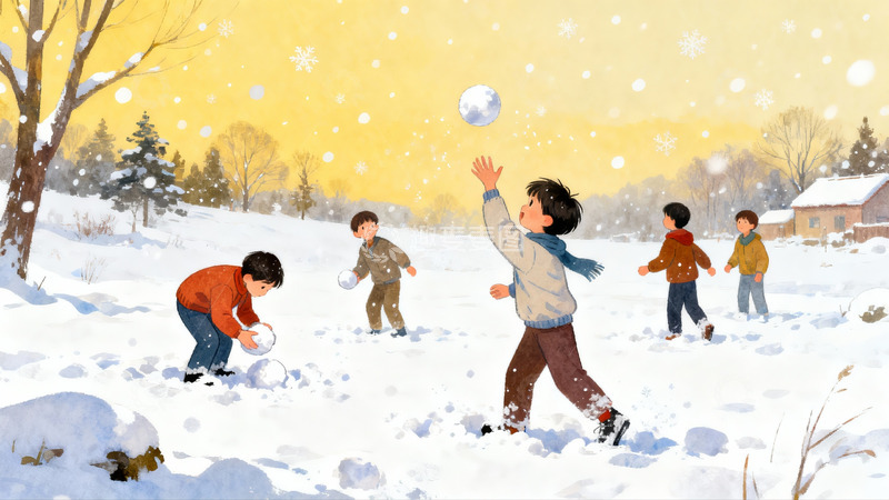 高清大图下载【趣麦麦图】孩童雪地打雪仗欢乐场景