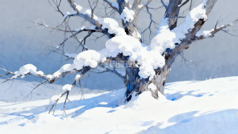 高清大图下载【趣麦麦图】雪覆枯树枝头静谧冬景