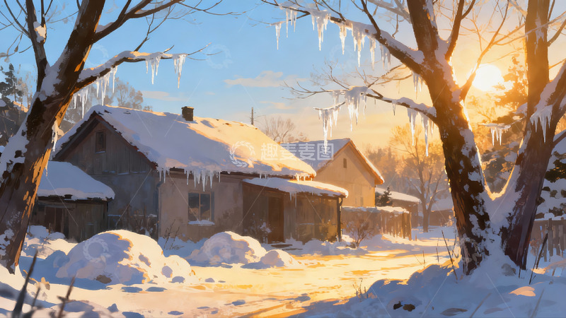 高清大图下载【趣麦麦图】冬日雪景房屋与冰挂