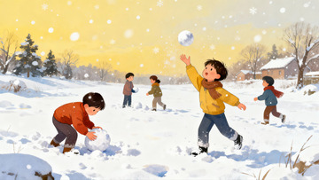 孩童雪地打雪仗欢乐场景