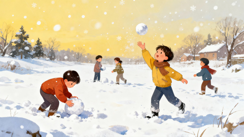 高清大图下载【趣麦麦图】孩童雪地打雪仗欢乐场景