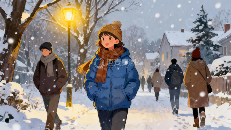 高清大图下载【趣麦麦图】-雪夜街头行人漫步