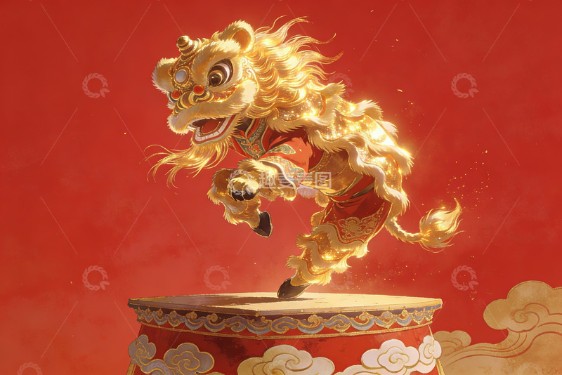 高清大图下载【趣麦麦图】金色舞狮跃动鼓面喜庆氛围
