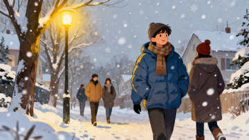 雪夜街头行人漫步