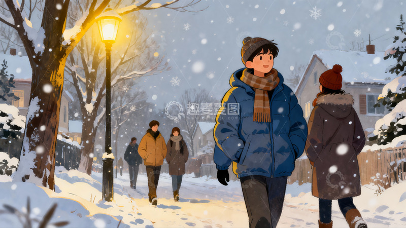 高清大图下载【趣麦麦图】雪夜街头行人漫步