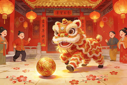 春节舞狮热闹场景