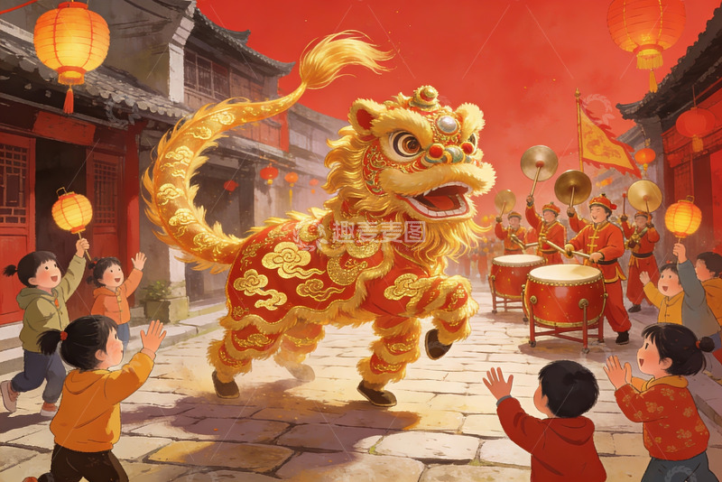 高清大图下载【趣麦麦图】舞狮表演热闹非凡