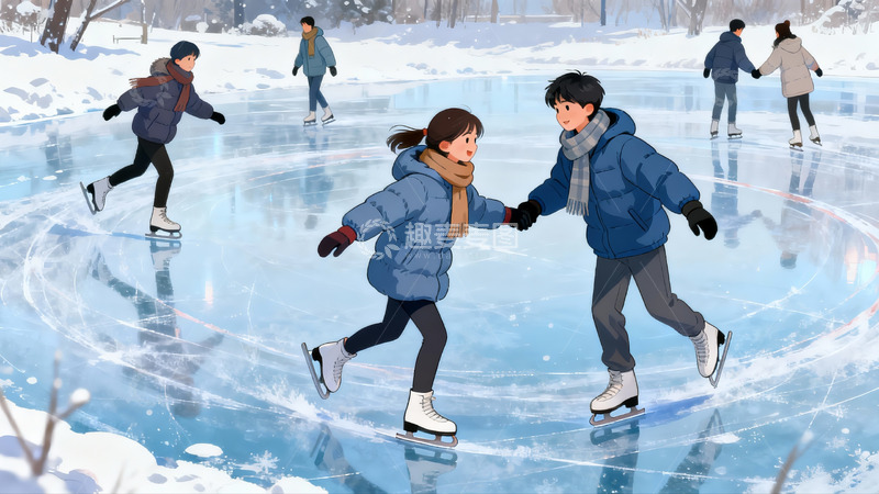 高清大图下载【趣麦麦图】雪地冰场情侣牵手滑冰