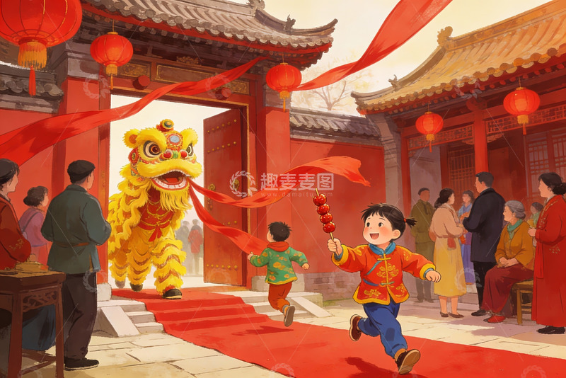 高清大图下载【趣麦麦图】春节舞狮儿童欢庆场景