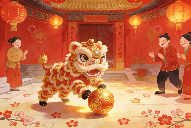 高清大图下载【趣麦麦图】春节舞狮欢庆场景