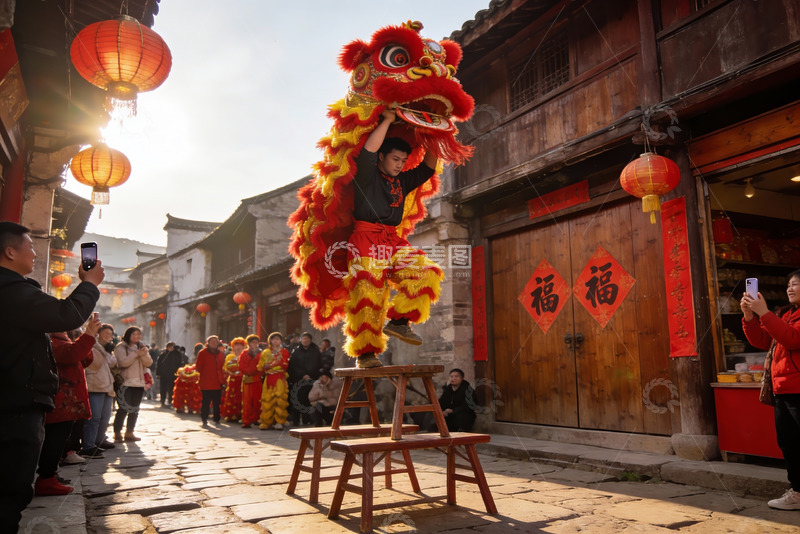 高清大图下载【趣麦麦图】街头舞狮表演热闹非凡