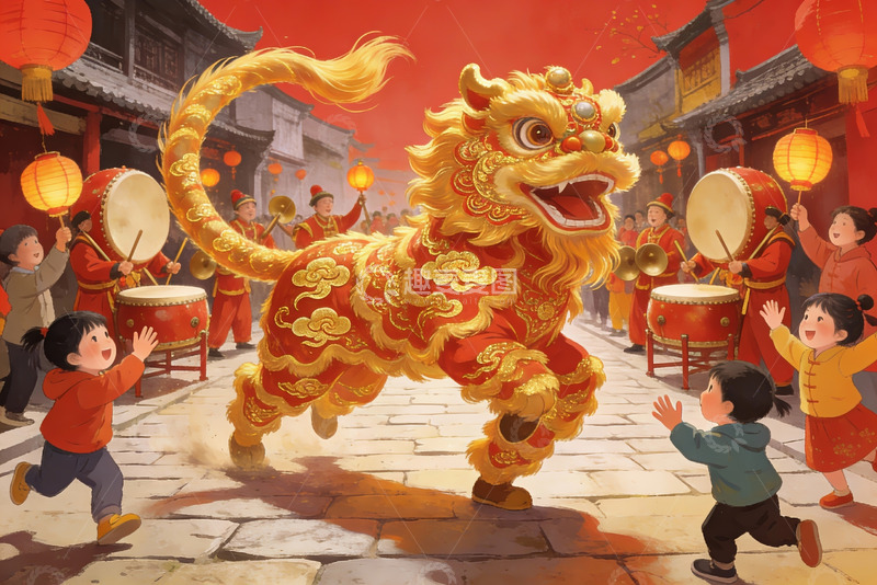 高清大图下载【趣麦麦图】春节舞狮热闹街景