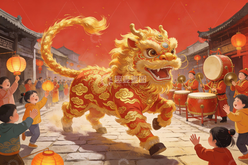 高清大图下载【趣麦麦图】舞狮表演热闹非凡