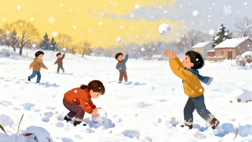 孩童雪地打雪仗欢乐场景