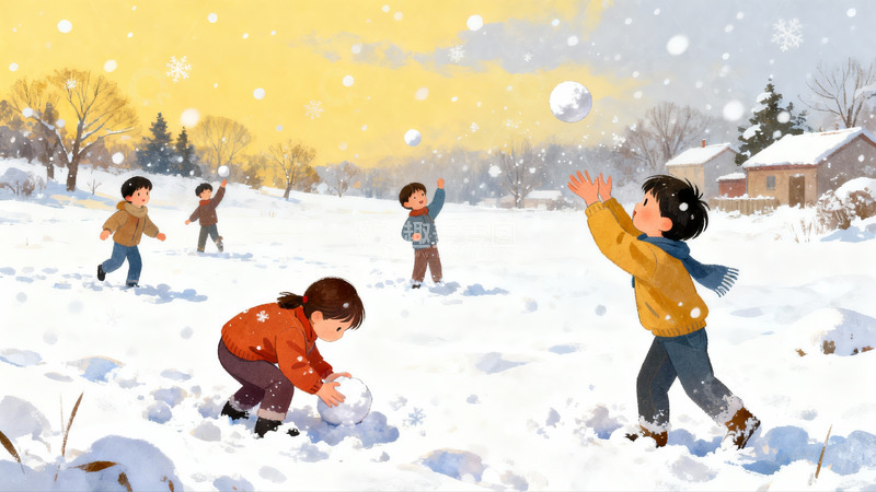 高清大图下载【趣麦麦图】孩童雪地打雪仗欢乐场景