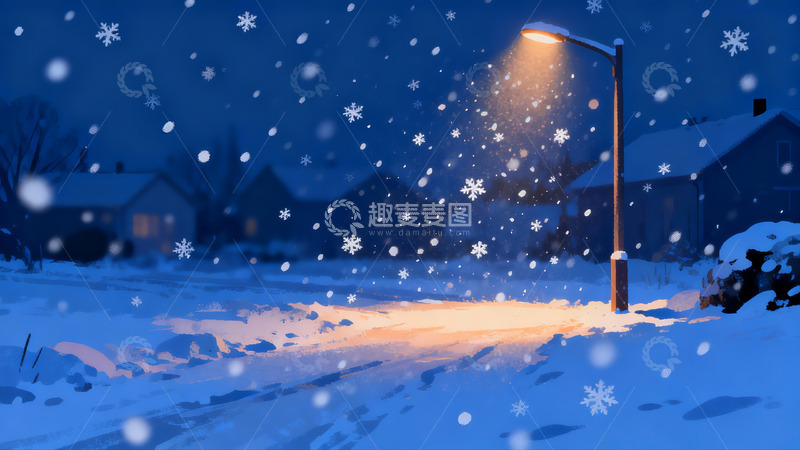高清大图下载【趣麦麦图】冬夜雪景路灯照亮街道