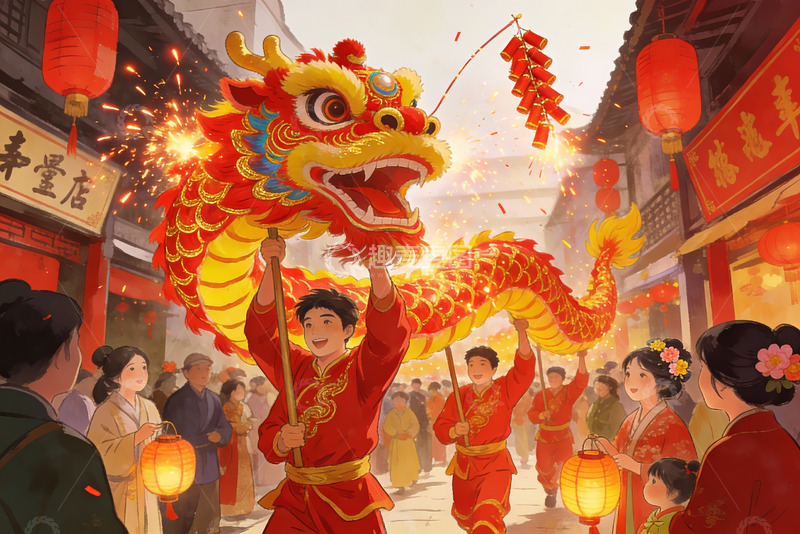 高清大图下载【趣麦麦图】热闹街市舞龙庆新春
