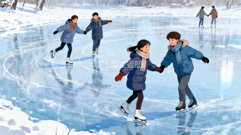 高清大图下载【趣麦麦图】冬日雪地冰场滑冰欢乐场景