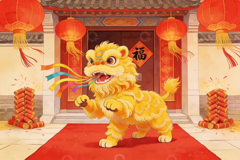 高清大图下载【趣麦麦图】春节舞狮迎福场景