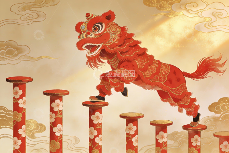 高清大图下载【趣麦麦图】红色舞狮跃柱迎新春