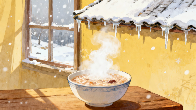 高清大图下载【趣麦麦图】冬日暖粥窗外雪景
