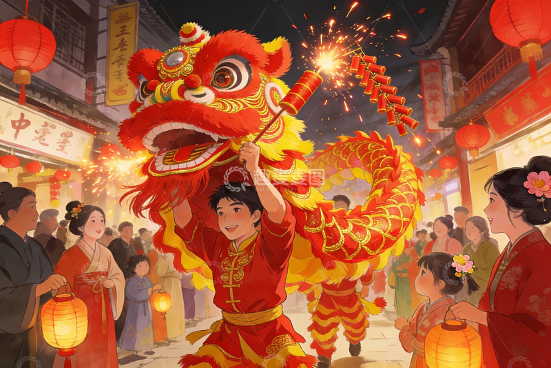 高清大图下载【趣麦麦图】春节舞狮热闹街景