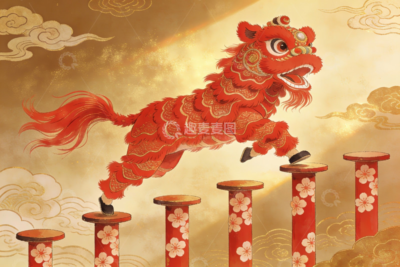 高清大图下载【趣麦麦图】红色舞狮跃过花柱庆祝节日