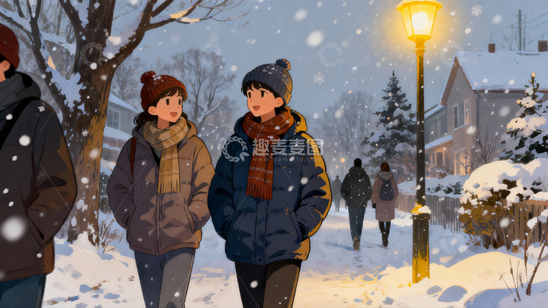 高清大图下载【趣麦麦图】雪夜街头行人漫步