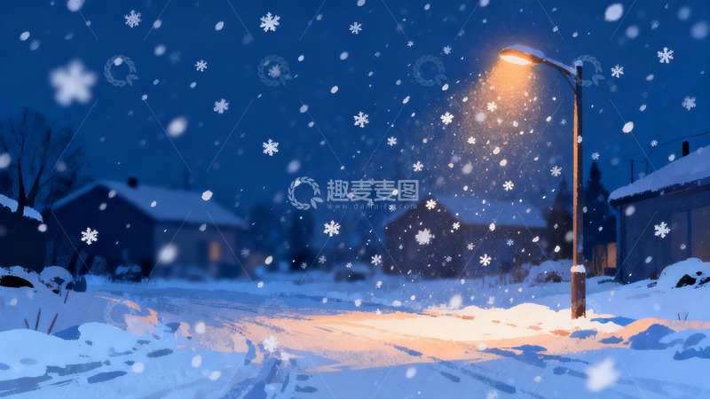 高清大图下载【趣麦麦图】冬夜雪景路灯照亮街道