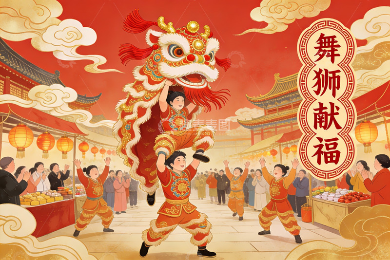 高清大图下载【趣麦麦图】舞狮表演热闹非凡