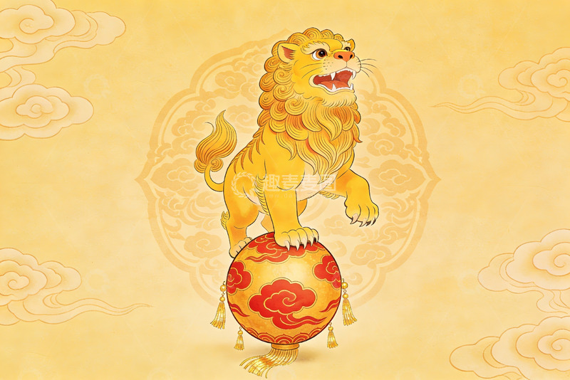 高清大图下载【趣麦麦图】金色瑞兽踏球祥云环绕
