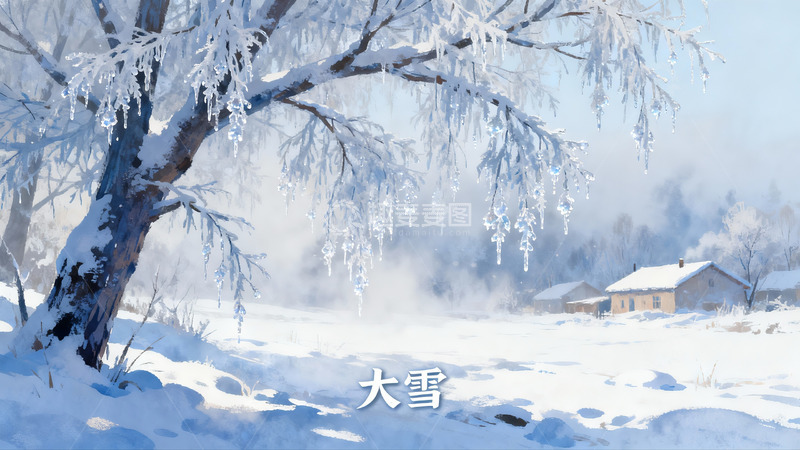 高清大图下载【趣麦麦图】雪覆树枝房屋冬日景象