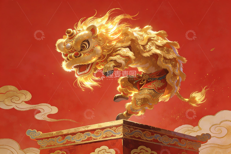 高清大图下载【趣麦麦图】金色舞狮跃于红云之上