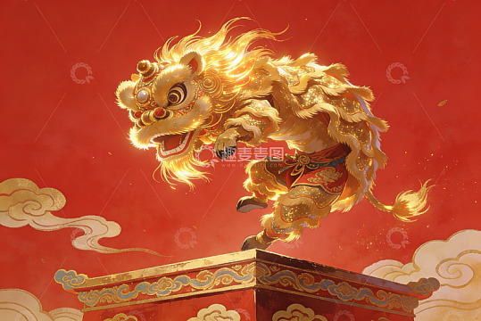金色舞狮跃于红云之上