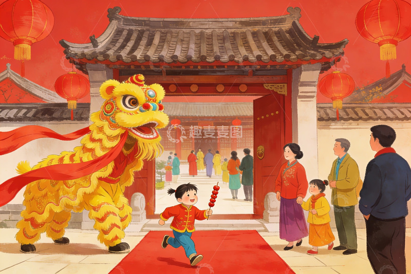 高清大图下载【趣麦麦图】舞狮迎春家人欢聚庭院